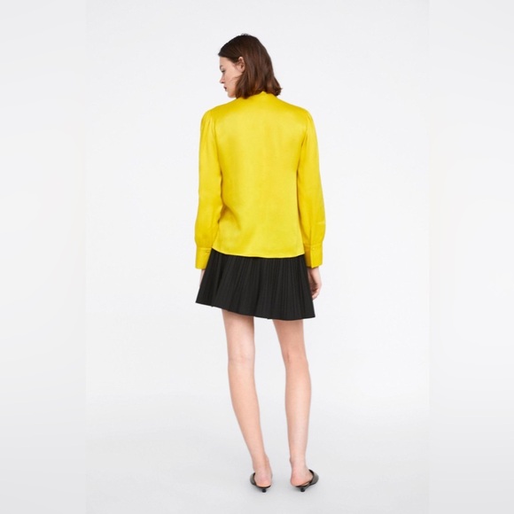 Zara yellow satin viscose neck bow tie detail button up blouse, size medium - Picture 2 of 16